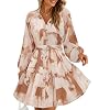 ZESICA Womens Spring Summer Floral Mini Dress Long Sleeve Button Chiffon A Line Swing Short Wedding Guest Party Dresses