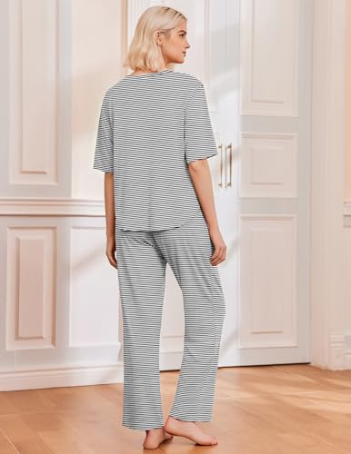 Image of Ekouaer 2 Pack Womens Pajamas Sets Short Sleeve Long Pants Pjs Lounge Set