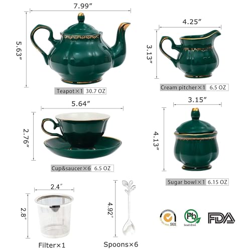 CHENP.HMC Tea Set 22-Piece Porcelain Ceramic Coffee Tea Sets Cups Saucer Service for 6 Teapot Sugar Bowl Creamer Pitcher and Teaspoons Porcelain Tea Set(Dark Green)