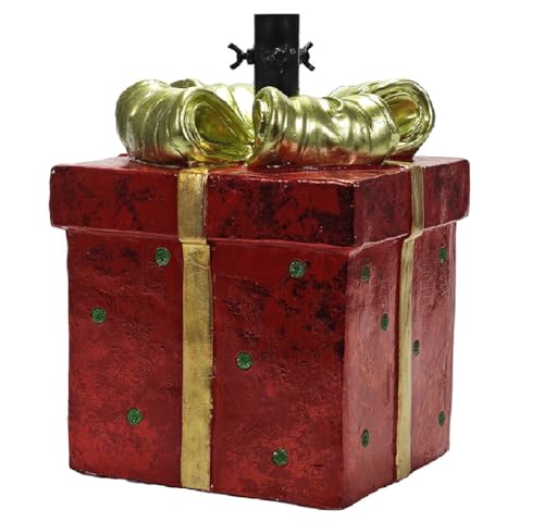 COSE DA CASA Piede per Albero di Natale Verde o innevato Forma Pacco Regalo Rosso con Fiocco Oro Base Natalizia Elegante Supporto per Decorazioni Particolari