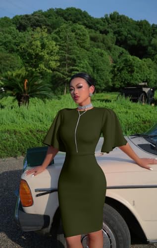 Image of Memoriesea Women's Basic Bodycon Ruffle Flared Short Sleeve Pencil Midi Dress