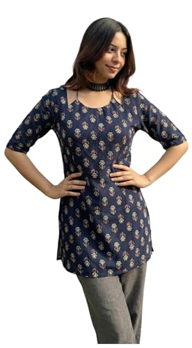 Image of ANNI Designer Women's Viscose Blend Printed Short Kurti | Straight Fit Ethnic Top with Square Neck | Bell Sleeve Indian Kurta for Office College, Party