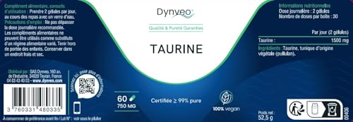 L-Taurine - 99% pure - Forme libre, naturelle & stable - Acide aminé Sport, Performances - Haute assimilation - Vegan - Sans solvant, additifs ou excipients - 60 gélules (1 mois) - Dynveo – vue 2