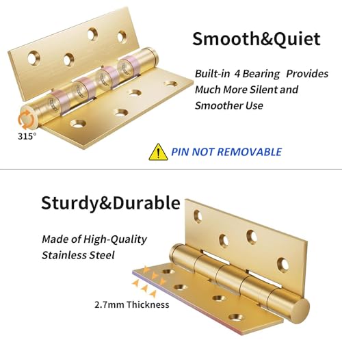 VOLUKA 6 Pack Stainless Steel Door Hinges for Exterior & Interior Doors 4in x 3in Noise-Free Smooth Door Hinges with Square Corners,Heavy-Duty (Gold) by VOLUKA - Used condition - Image 3