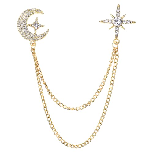 MBAIYO Gold Rhinestone Moon Star Brooch for Women, Crystal Chain