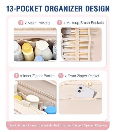 Travel Toiletry Bag, Lightweight Large Wide-open Toiletry Bag for Women, Puffy Makeup Bag with Handle, Carry-on Wet and Dry Travel Cosmetic Bag For Accessories, Essentials, Toiletries, Beige3