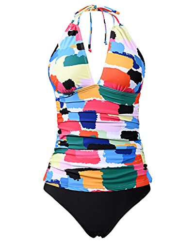 Yonique Damen Neckholder Tankini Badeanzüge V-Ausschnitt Tankini Tops mit Bikiniunterteil zweiteiliger Bauchkontrolle Badeanzüge, Farbblock, XX-Large Cover