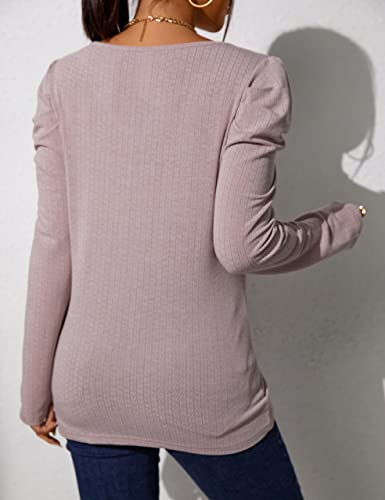 Blooming Jelly Womens Puff Sleeve Tops V Neck Long Sleeve Shirts Textured Business Casual Tunic Blouses (Large, Pink Grey) #TOP1