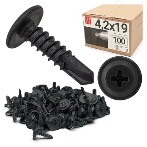 LUN FIX Wkręty samowiercące 4,2 x 19 mm, czarne, 100 sztuk, samowiercące śruby blachowe, stal fosfatowana, z podkładką PH, śruby metalowe do suchej zabudowy, profil metalowy, rigips, drewno