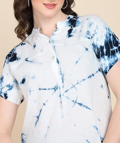 Image of Maaesa Women Handmade Regular Fit Tie-Dye Rayon Top | Casual Wear & Office Wear | Short Sleeve | Mandarin Neck | Lightweight & Breathable Fabric