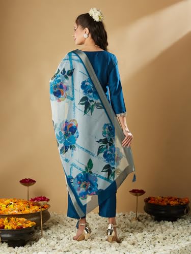 Image of MOKOSH Women's Muslin Embroidered Kurta Pant Dupatta Set (440-DM)
