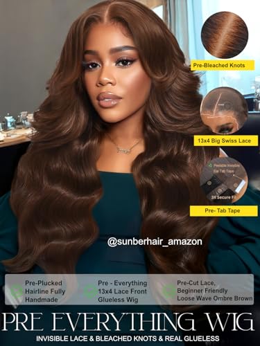 Image of Sunber Loose Body Wave Human Hair Glueless Auburn Brown Wig 18Inch | Wig with Drawstring Pre Everthing Pre Cut 13x4 HD Lace Frontal Wigs Pre Plucked Bleached Invisible Knots Put on Go Brown Wig