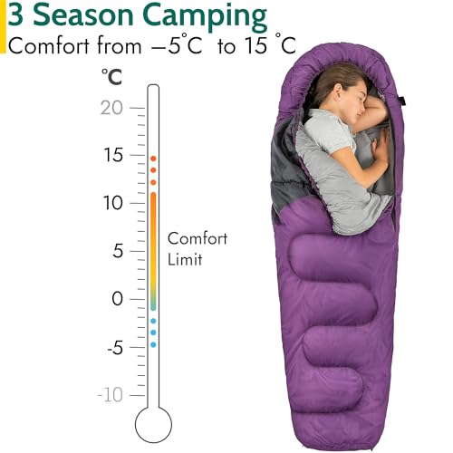 Trail Kids Sleeping Bag Mummy Shape 3 Season Camping 300gsm Boys Girls with Lightweight Rucksack Bag (Purple) - Image 3