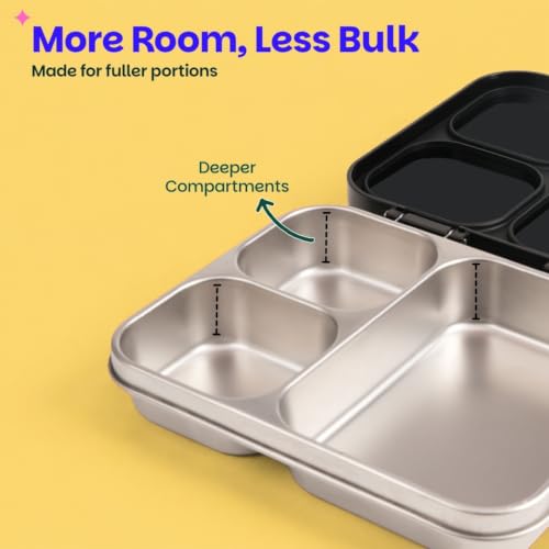 Image of Basil Bento Ace 3C Stainless Steel Lunch Box for Kids | 3 Compartment Leakproof Tiffin Box for Teens & Adults | BPA-Free, Easy-to-Open School Lunch Box | Classic Black