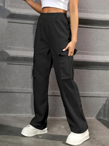 Image of THIRD QUADRANT Women's Wide Leg High Waisted Baggy Lounge Track Pants with Cargo Pockets Drawstring || Athletic Flared Trackpants with Utility Pockets