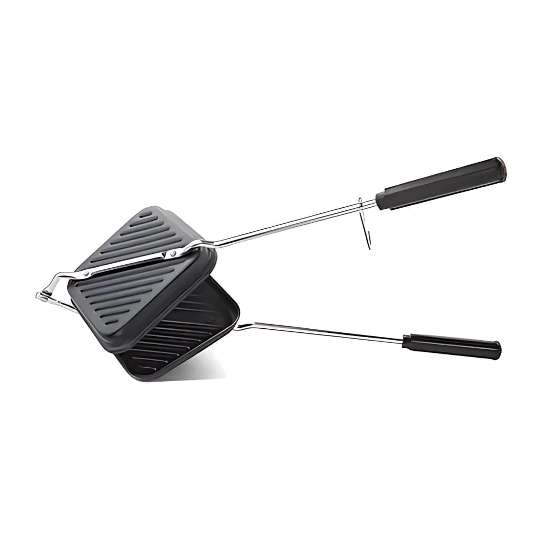 NIRON Kitchen Aluminium Non Stick Sandwich Grill Toaster for Gas Stove | Square Manual Sandwich Maker Pan with Double Coated Non Stick Surface | 30 cm Stove Top Grill Toaster | Pack Of 1 | Black-image-36