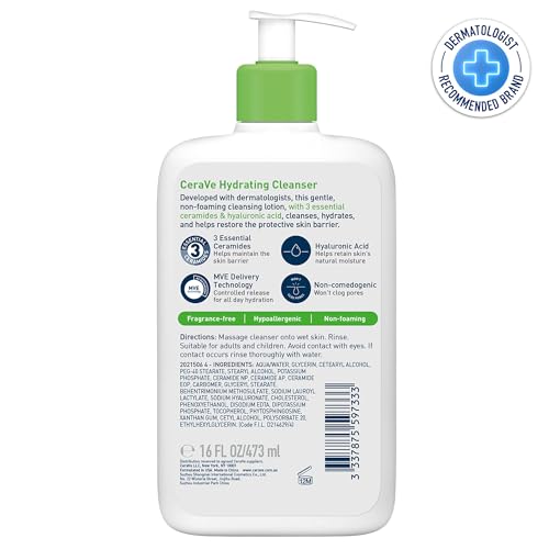 Image of CeraVe Hydrating Cleanser For Normal To Dry Skin (473ml) - Non-Foaming Face Wash with Hyaluronic Acid And Ceramides | Non-Comedogenic, Non-Irritating And Fragrance-Free Cleanser
