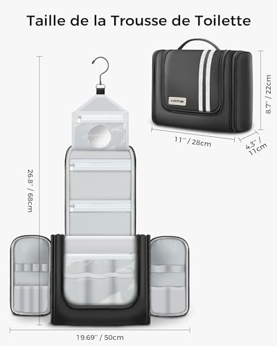 Carttiya Trousse de Toilette Femme Homme Voyage avec Miroir Amovible, Grande XXL Sac de Toilette Suspendre avec Crochet Rotatif 360°- Imperméable Maquillage Cosmétique Trousse de Toilette (Noir) – vue 6
