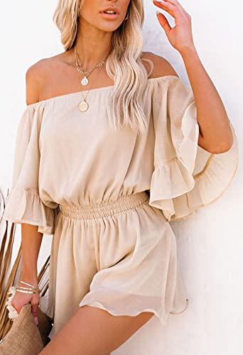 Pink Queen Damen Trägerlos Boho Jumpsuit Mini Kleid Rüschen Strampler Shorts Schulterfrei Sommer Spielanzug Aprikose XL