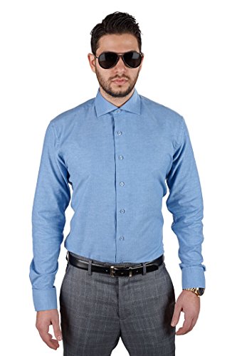 Azar Man New Men's Slim Fit Men's Solid Color Dress Shirts Spread Collar (Large 16, Light Blue) #TOP8