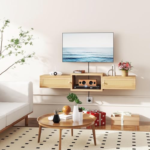 IBUYKE Modern Rattan Floating TV Stand with Doors,Wall Mounted TV Shelf for TVs up to 55 Inches,Media Console Entertainment Center for Under TV Storage Cabinet for Living Room Bedroom,Natural UWST012N by IBUYKE - Used condition - Image 6