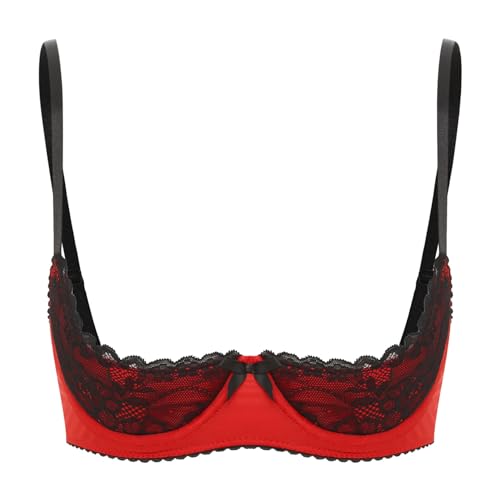 Agoky Soutien Gorge Armature Push Up Femme Demi Bonnet Sein Nu sous-vêtements Transparente Dentelle Brassière Ouvert Rouge XXL
