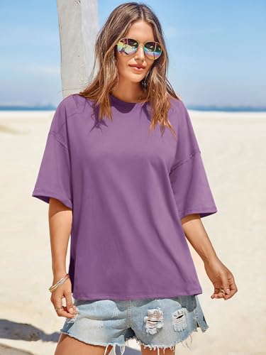 Image of Tankaneo Womens Oversized Tshirts Summer Casual Short Sleeve Crew Neck T Shirt Loose Fit Side Slit Tee Tops Light Purple