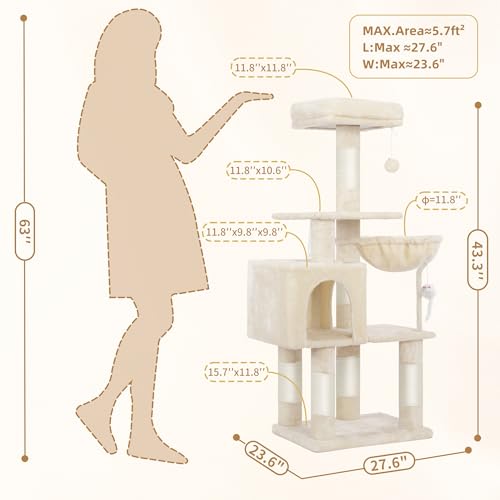 Image of Heybly Cat Tree with Toy, 43.3 inch Cat Tower for Indoor Cats HCT004SM | Cat Condo with Durable Sisal Scratching Posts, Cat House with Padded Plush Perch, Cozy Hammock, Beige