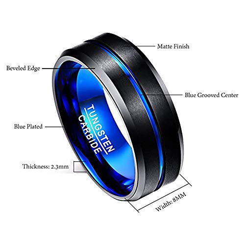 Nuncad Tungsten Rings For Men Blue Groove Black Matte Finish Tungsten Wedding Bands Polished Beveled Edge Size 10 #TOP4