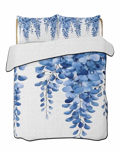 Blue Eucalyptus Quilt Twin Size, Summer Leaves Pastoral Plants Chic