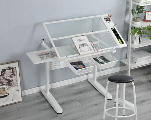 Table d'art blanche pour studio et maison, grand bureau à dessin réglable avec assise incluse
