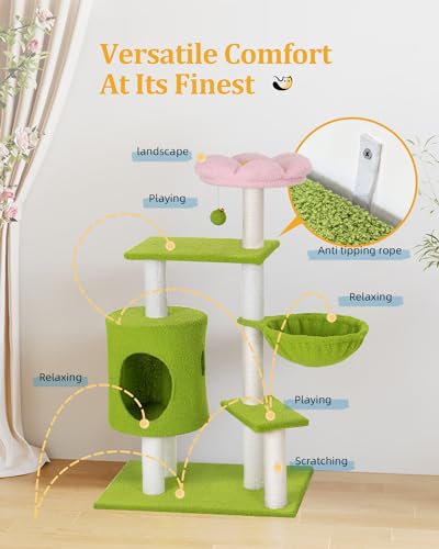 Aechonow Flower Cat Tree, 41.2\'\' Cat Tower with Scratching Post and Cat Condo, Cute Cat Tree Tower for Indoor Cats with Hammock, Pink Top Perch, Fluffy Ball and Bell for Small Medium Cats