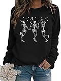 FCDIED Dancing Skeleton Sweatshirt for Women Funny Skull Graphic Halloween T-Shirt Fall Winter Long Sleeve Pullover Tops (M, Black 3)