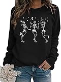 Dancing Skeleton Sweatshirt for Women Funny Skull Graphic Halloween T-Shirt Fall Winter Long Sleeve Pullover Tops (XXL, Black 3)