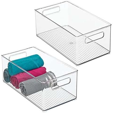 mDesign Deep Plastic Storage Organizer Container Bin, Closet Organization for Hallway, Bedroom, Linen, Coat, and Entryway - Holds Clothing, Blankets, Accessories, Toys, and Essentials, 2 Pack, Clear Cover
