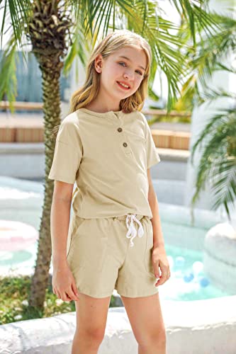 Ermonn Girls Shorts Sets Short Sleeve Crop Tops 2 Piece Cute Outfits Summer Tracksuit Romper Jumpsuit Size 5-14 For Kids Beige #TOP1