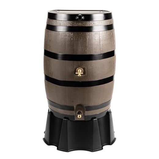 RTS Home Accents 551000651A5681 Polyethylene 50 US Gallon Flat Back Dual Spigot Rain Barrel with Stand, Woodgrain with Black Stripes