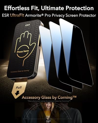 Image of ESR Accessory Glass by Corning 3 Pack 9H+ Glass for iPhone 16 Pro Max Privacy Screen Protector, Military Grade Shatterproof & Durable with UltraFit Tray