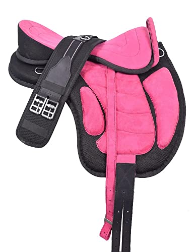 Selle de cheval sans arçon Freemax en similicuir avec sangle assortie et paire d'étrier en aluminium (Rose, siège de 40,6 cm)
