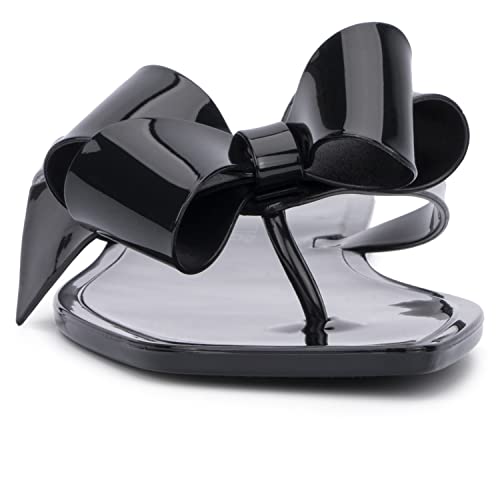 Olivia Miller Women’s Fashion Ladies Shoes, Black Pvc Jelly W Bow & Thong Flip Flops Style Slip On Open Toe Trendy Casual Summer Geli Slide Flat Sandals #TOP3