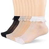 BIVOLU 12 Pairs Women's Sheer Ruffle Socks, Lace Top-Cute Frilly Summer Ultra Thin Cool See Through Silk Nylon Ankle Socks