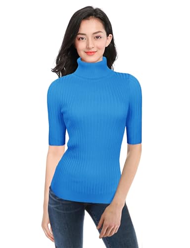 Image of v28 Women Turtleneck 1 /2 Half Sleeve Highly Stretchy Ribbed Knit Fitted Sweater