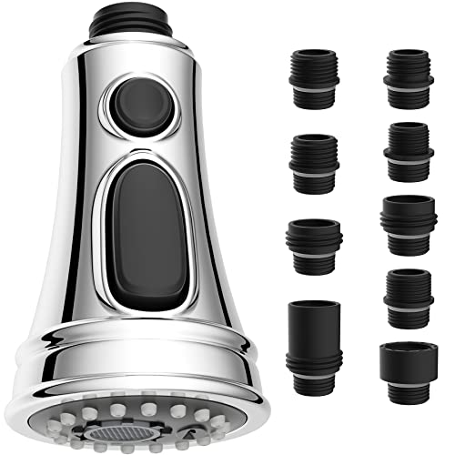 Hibbent Kitchen Faucet Head Replacement, Pull Down Kitchen Spray Head with 9 Adapters, 3-Function Kitchen Sink Spray Nozzle Compatible withMost Faucets(G1/2),Chrome