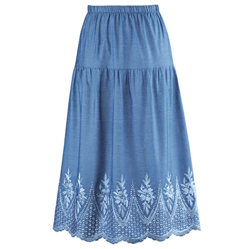 Collections Etc Women's Elastic Waistband Embroidered Scalloped Denim Skirt Denim Medium #TOP16