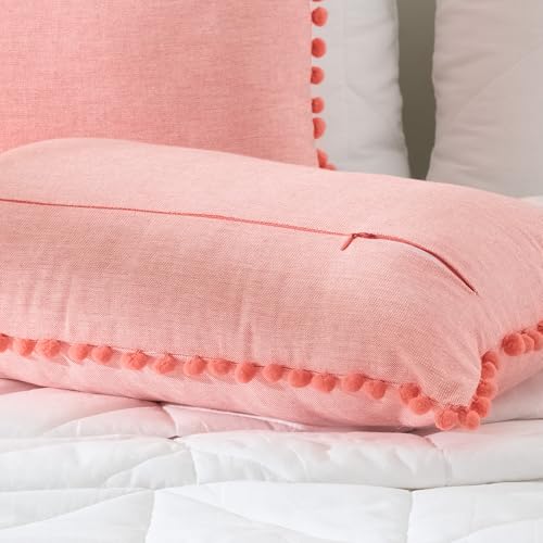 Image of 100% Cotton Pom Pom Cushion with Filler, Elegant & Modern Cushion Cover for Living Room, Rectangle, 12 inchx20 inch, uni Chambray, Set of 2 - Coral