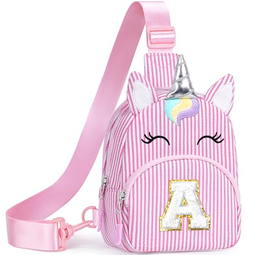 YOOLIFE Unicorn Birthday Gifts for 2 3 4 5 6 7 8 Year Old Girls Kids Initial Sling Bag Letter Fanny Pack for Little Girls Purse Girl Crossbody Bag Personalized Gift for Daughter Sister Pink (A)