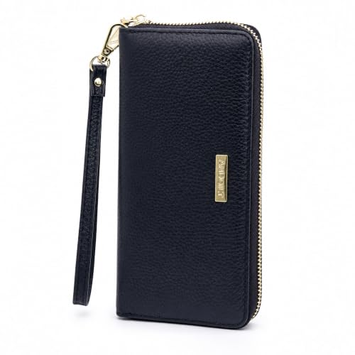 Image of ANDOILT Womens RFID Blocking Genuine Leather Zip Around Wallets Large Cell Phone Holder Clutch Travel Purse Wristlet (Black)