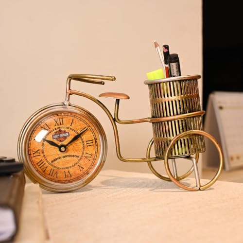 Image of Cycle Pen Stand - Golden Metal Showpiece with Clock and Pen Stand