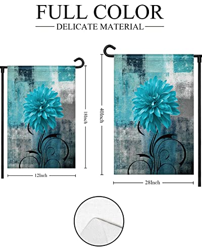 Teal Blue Dahlia Watercolor Plant Lines Garden Flag 12X18 Double Sided - Welcome Garden Flags For All Seasons Outside Décor,Abstract Modern Teal Blue Oil Painting Art Personalized Small Yard Flags #TOP22