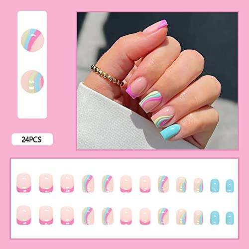 Color Curve Press On Nails Short Square Fake Nails Acrylic Ballet Exquisite Color Summer Blue Pink Lines Design Adhesive Tape On Nails Design Nails For Women And Girls 24Pcs #TOP1